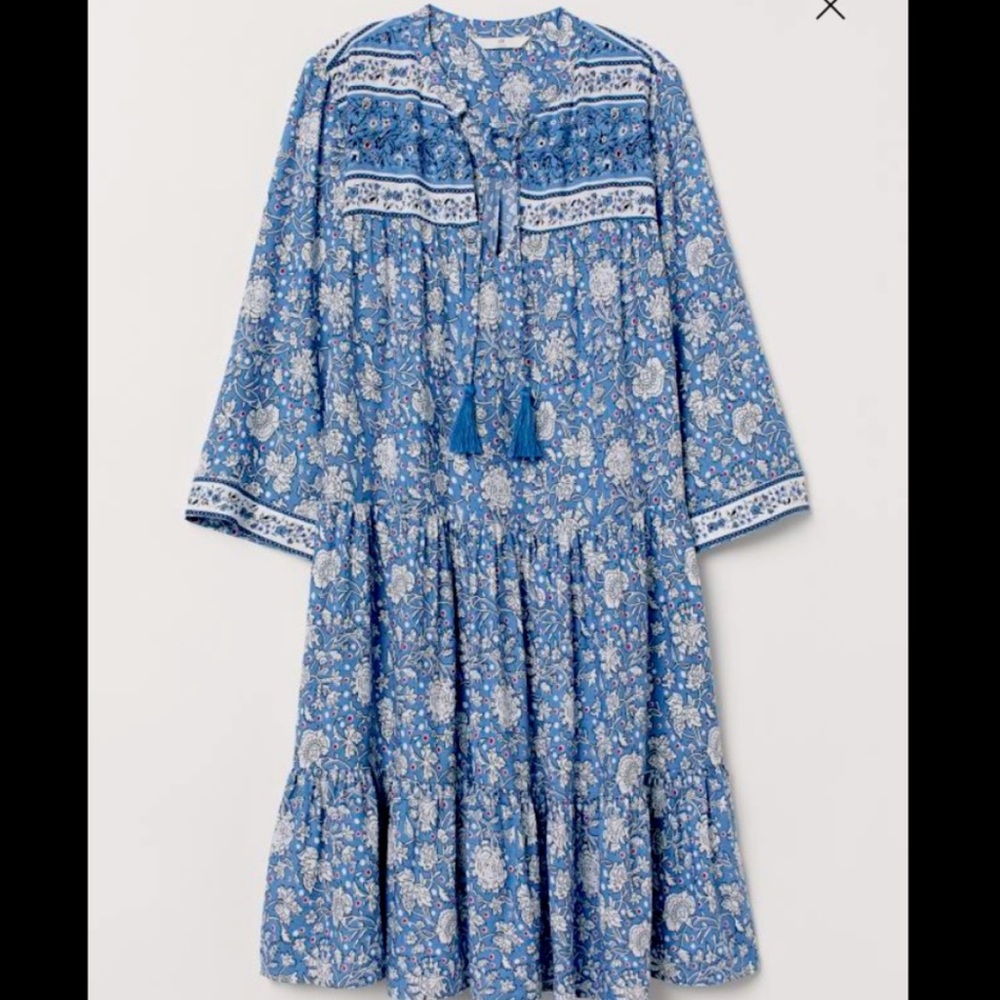H&M Blue Floral Boho Tiered Ruffle Tassel Dress 0